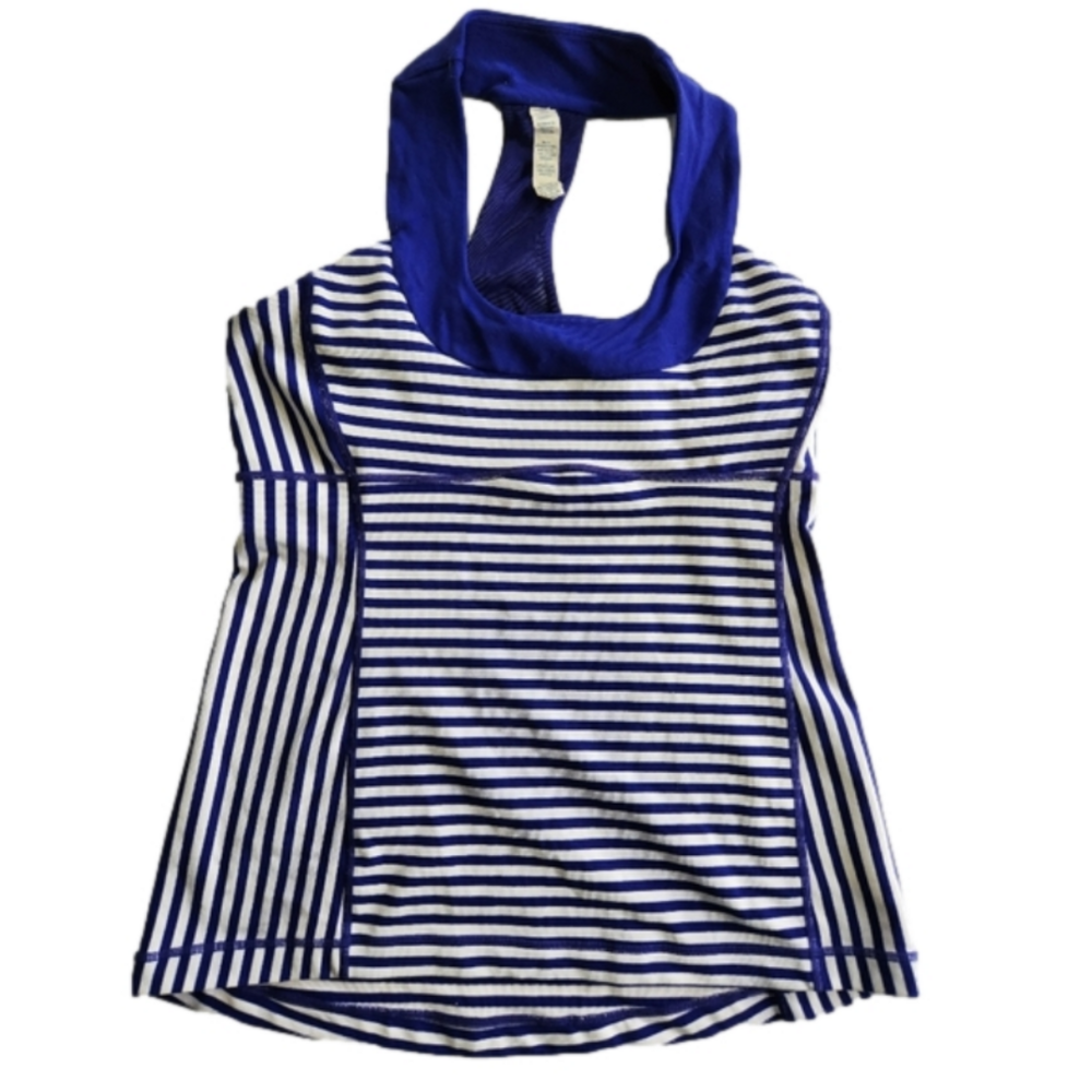 Lululemon Scoop Neck Tank Raceback Size 8 Blue and White Built in Bra